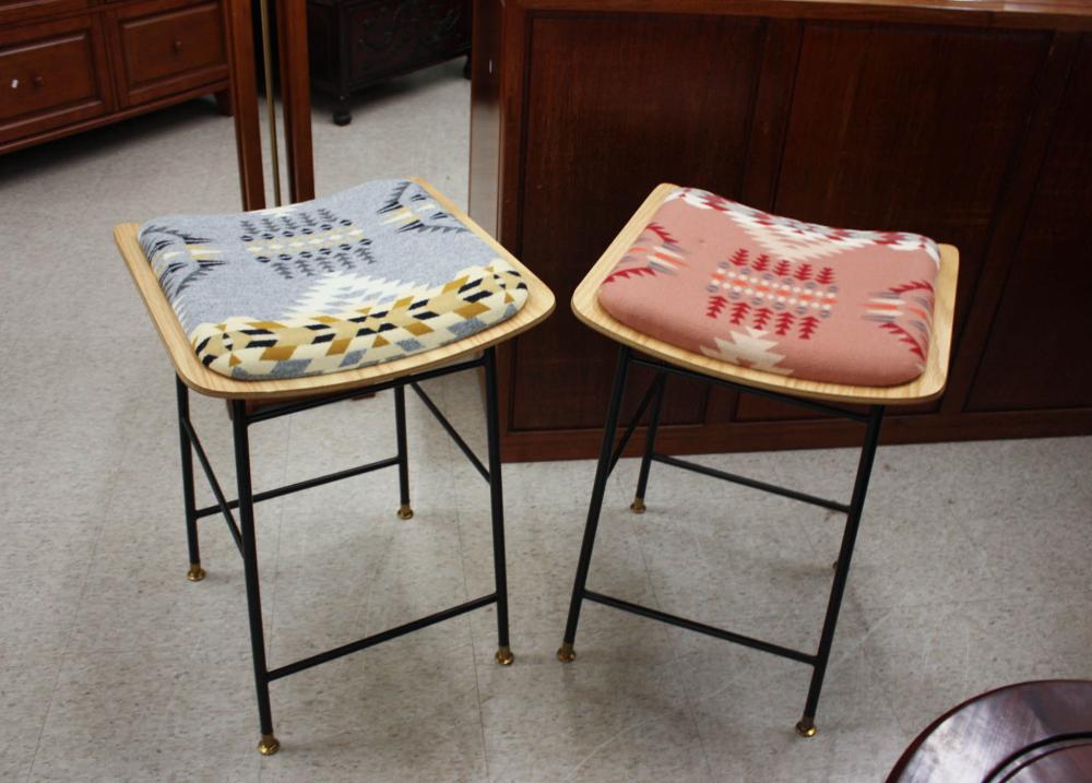 Appraisal: PAIR OF CONTEMPORARY STOUT COUNTER STOOLS black steel with oak