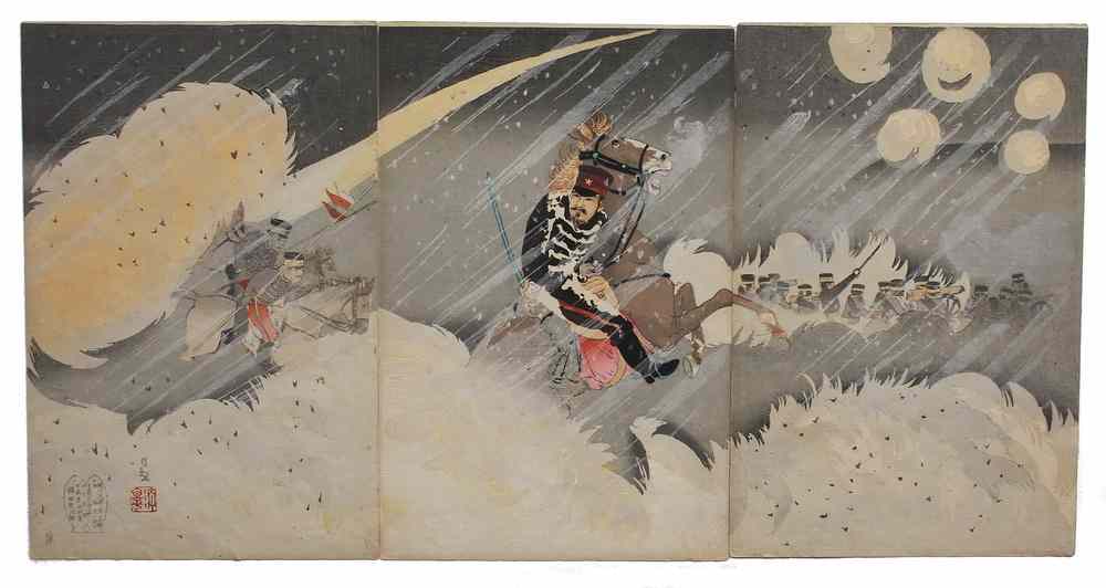 Appraisal: JAPANESE WOODBLOCK - Oban Triptych Sino-Japanese War Attack in Snowstorm