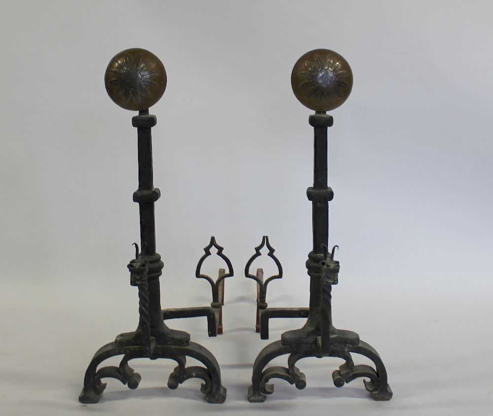 Appraisal: Pair of Large Wrought Iron and Brass Andirons From a