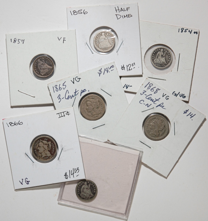 Appraisal: FOUR SEATED HALF DIMES AND THREE CENT PIECES Group of