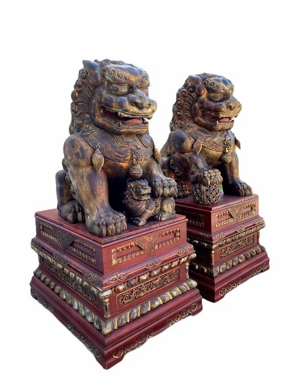 Appraisal: Monumental Chinese Wood Foo Lions X X Monumental RARE Chinese