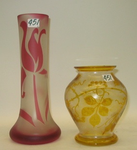 Appraisal: TWO CAMEO STYLE GLASS VASES The taller with plum colored