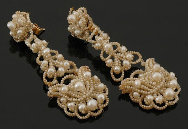 Appraisal: A pair of Antique natural pearl earrings The pendant drops