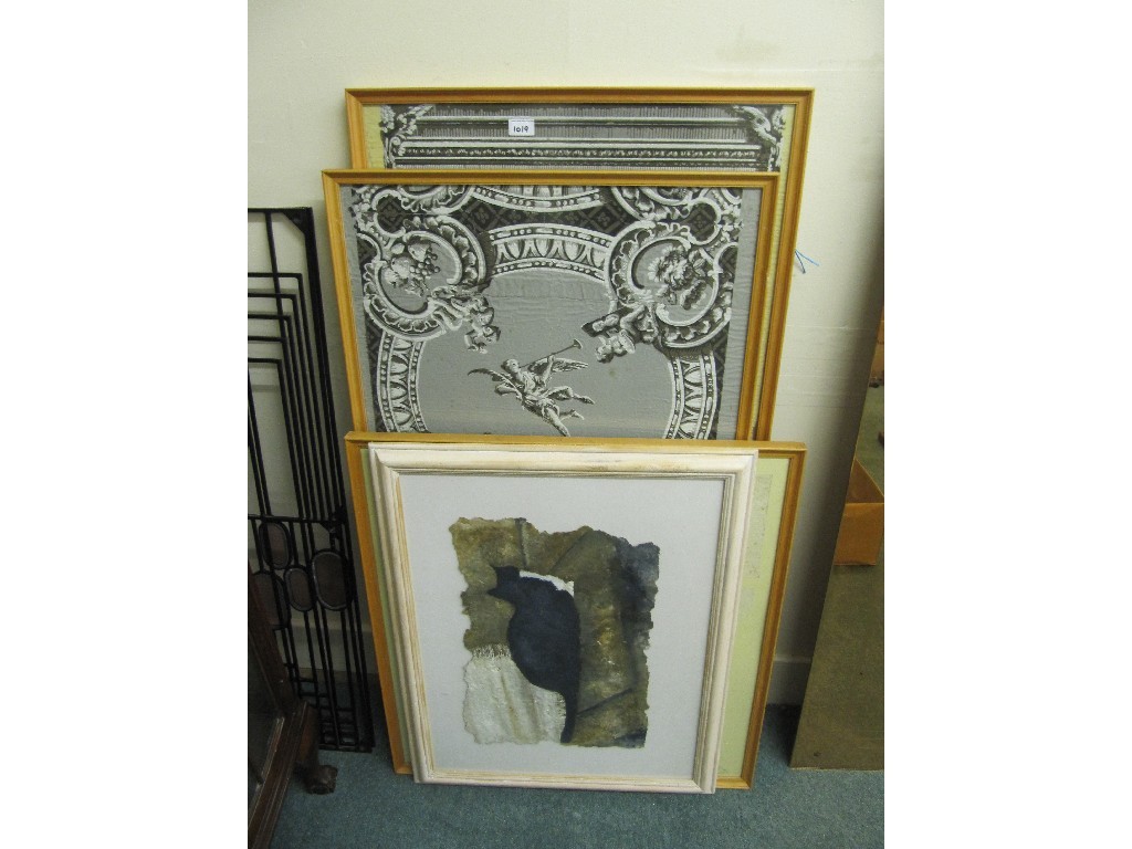 Appraisal: Three framed pictures of th century ceiling paper etc