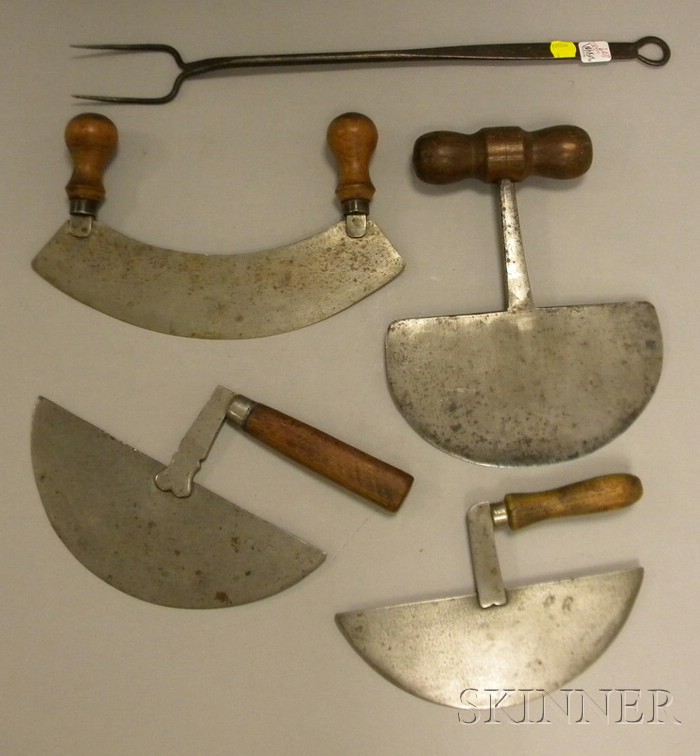 Appraisal: Four Large Wood-handled Steel Kitchen Choppers and a Wrought Iron