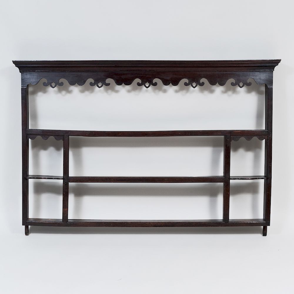 Appraisal: Carved Oak Three-Tiered Wall Shelf and an Oak Spoon Rack