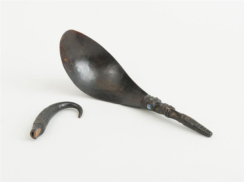 Appraisal: NORTHWEST COAST CARVED HORN SPOON AND A HOOK-FORM WHISTLE in