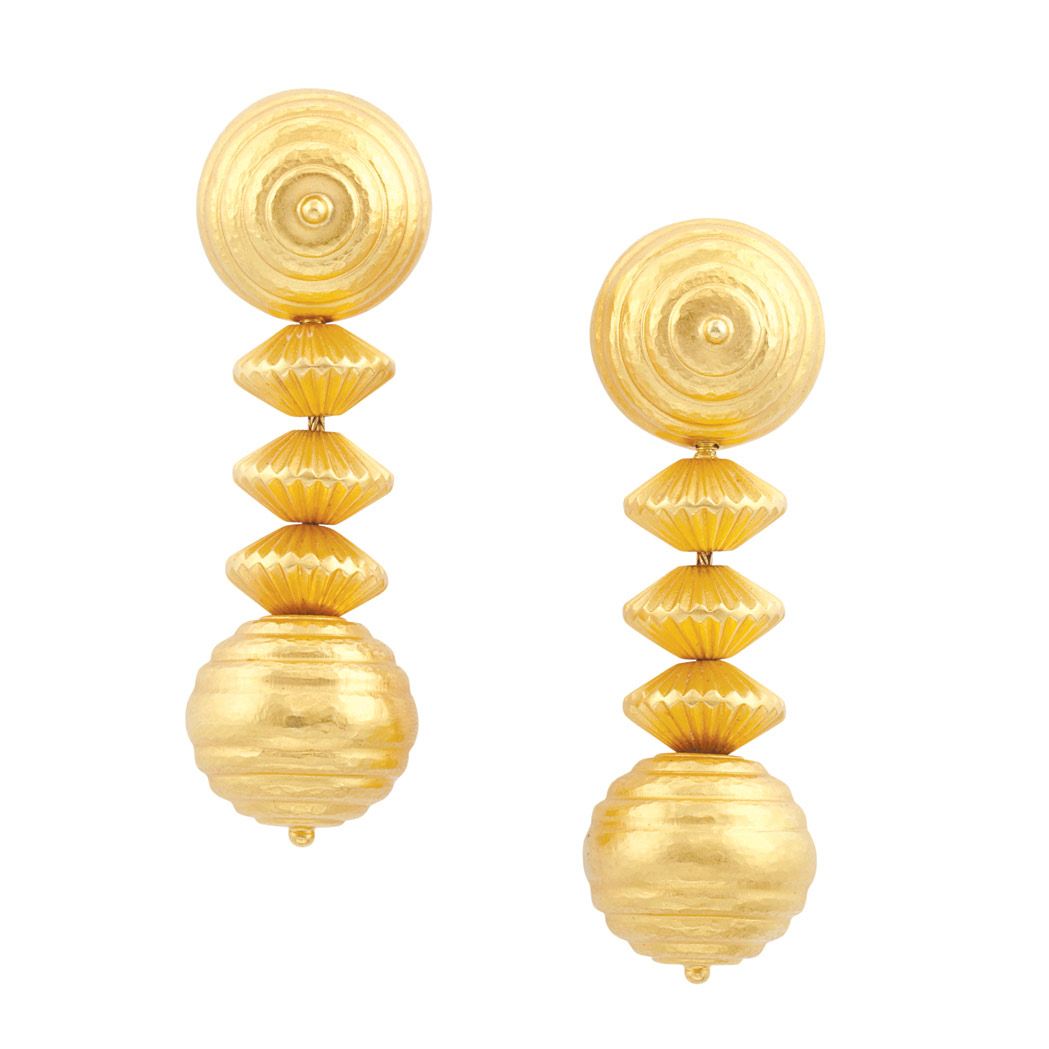 Appraisal: Pair of Hammered Gold Pendant-Earrings Ilias Lalaounis kt topped by