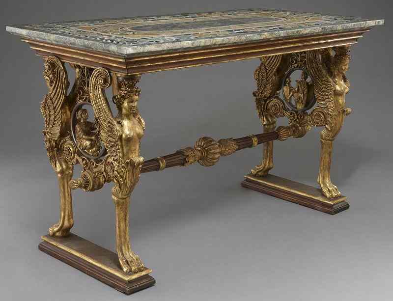 Appraisal: Empire style parcel gilt and specimen marbletable the marble top