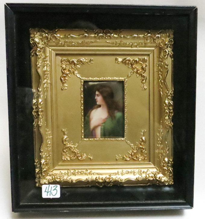 Appraisal: HAND PAINTED MINIATURE PORTRAIT ON PORCELAIN in gilt frame within