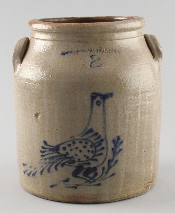 Appraisal: Crock with cobalt blue bird motif impressed W Roberts Binghamton