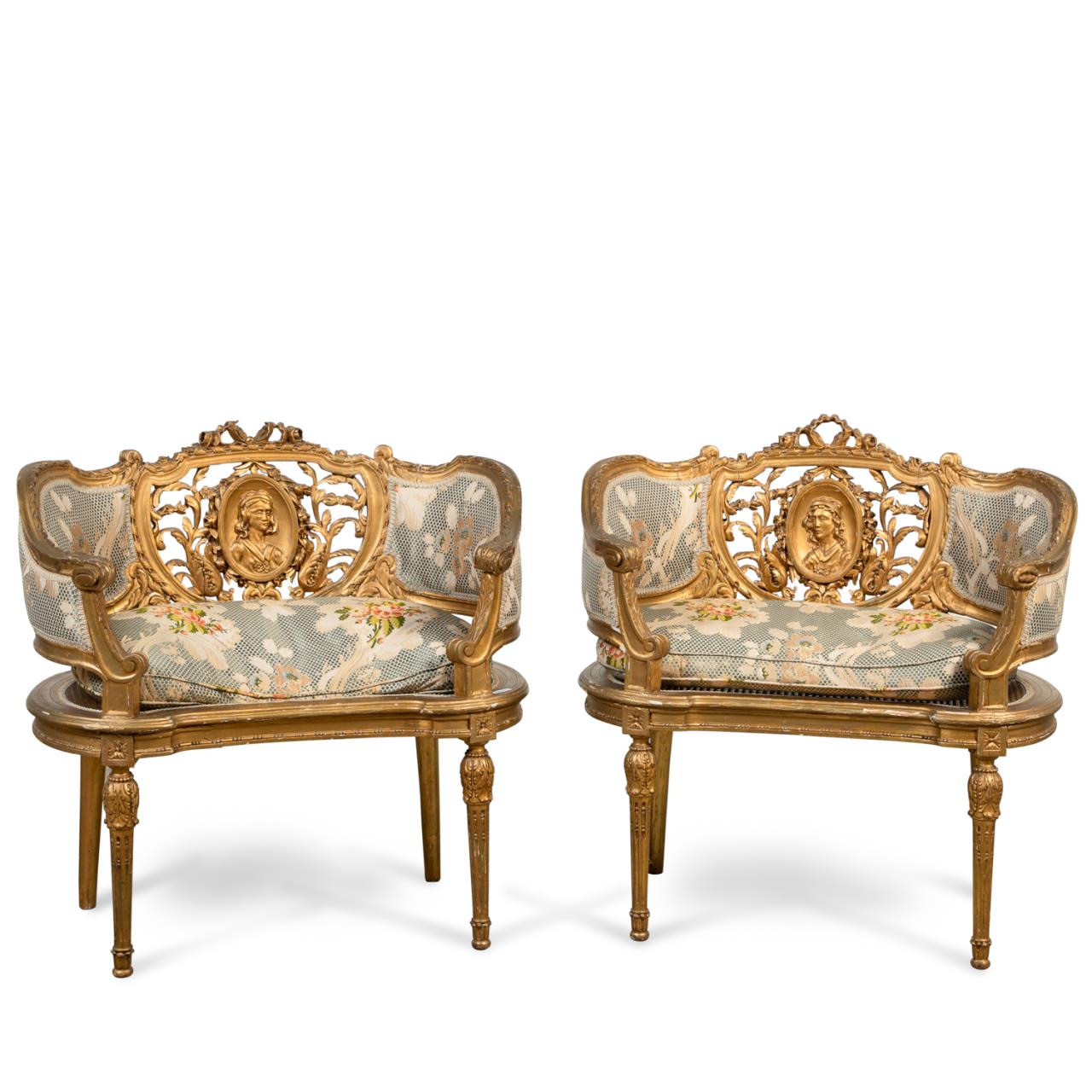 Appraisal: PAIR LOUIS XVI STYLE GOLD PAINTED CANED SETTEES French pair