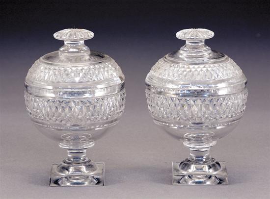 Appraisal: Pair Irish crystal covered sweetmeat urns knop handle on spherical