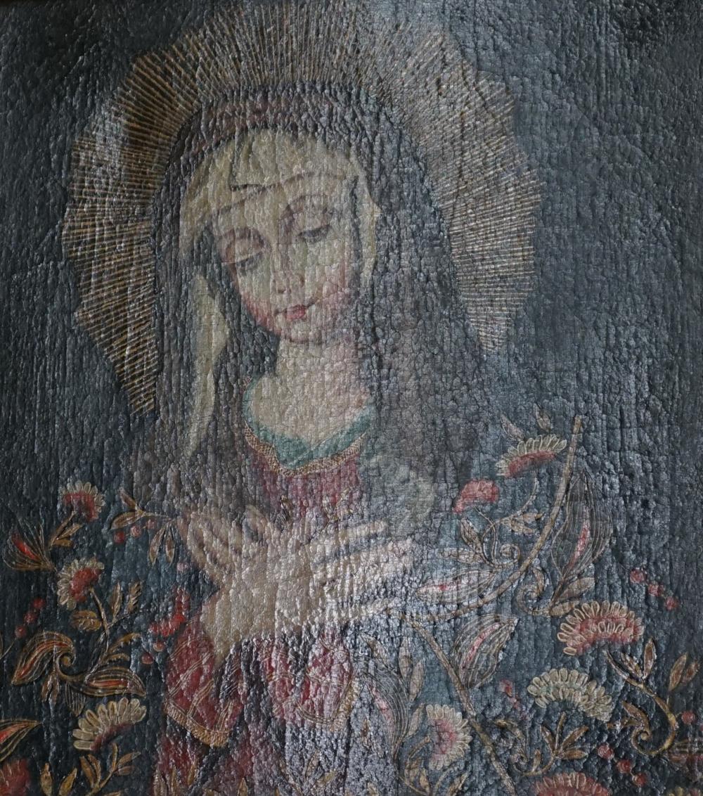 Appraisal: Spanish Colonial School th Century Virgin Mary Oil on Canvas