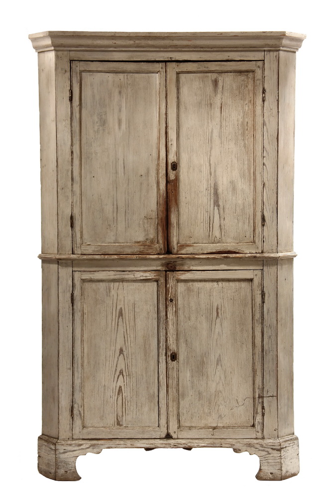 Appraisal: CONTINENTAL CORNER CUPBOARD - Early Pine Cupboard in whitewash with