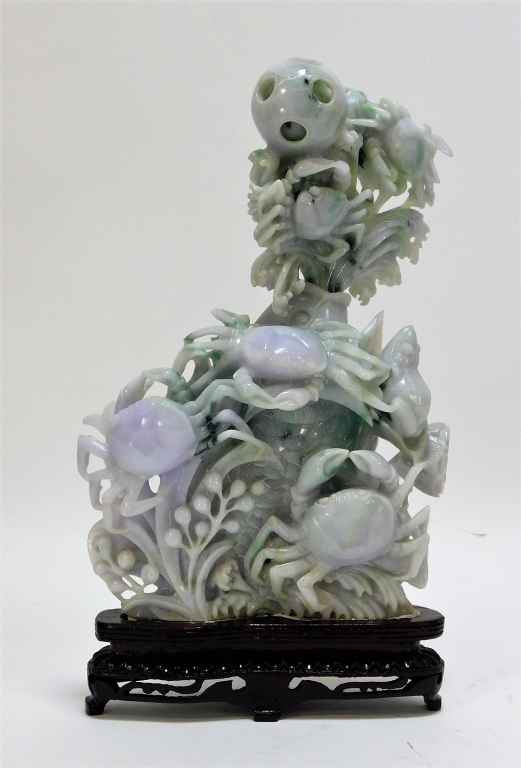 Appraisal: CHINESE CARVED JADEITE STATUE OF CARP CRABS TURTLE China Qing