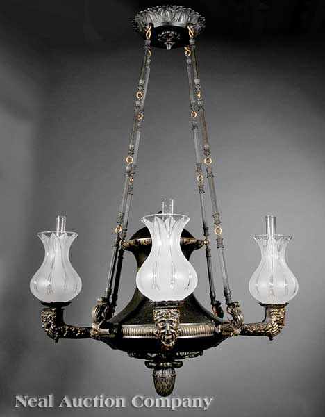 Appraisal: An Empire Patinated Bronze Four-Light Argand Chandelier early th c