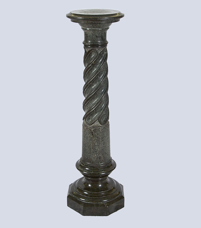 Appraisal: CARVED GREEN MARBLE PEDESTAL Round top carved pedestal body with