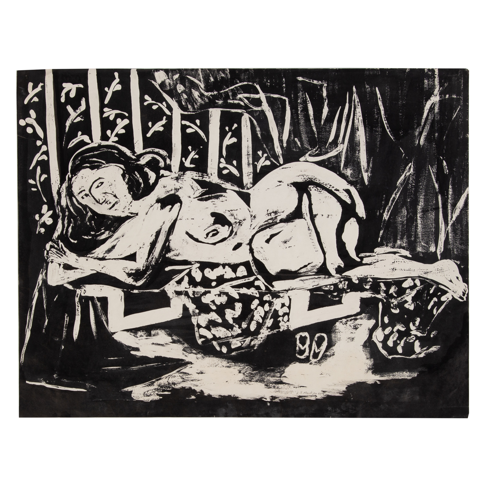 Appraisal: EJ MONTGOMERY RECLINING NUDE WOODBLOCK PRINT American b Woodblock print