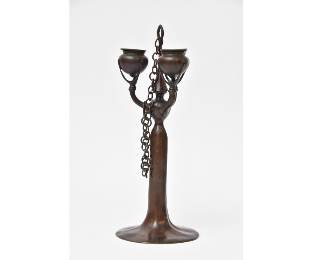 Appraisal: Tiffany Studios New York Art Nouveau bronze three light candelabra