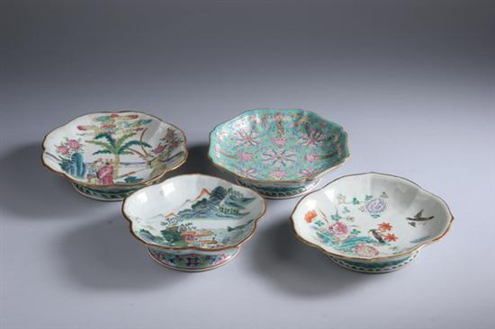 Appraisal: FOUR CHINESE FAMILLE ROSE PORCELAIN STEM DISHES th century Figural