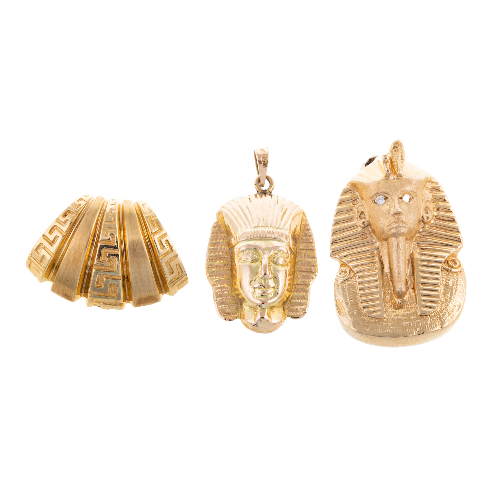 Appraisal: THREE EGYPTIAN-THEMED PENDANTS IN K K yellow gold Egyptian King