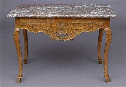 Appraisal: LOUIS XV CARVED OAK MARBLE-TOP CONSOLE TABLE The later brown