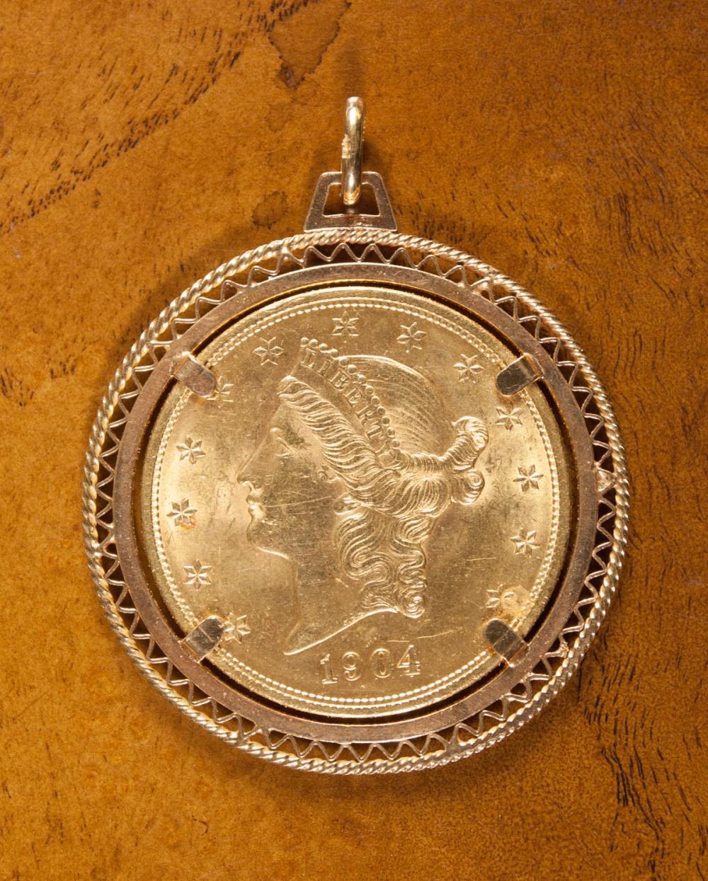 Appraisal: U S TWENTY DOLLAR GOLD COIN PENDANT featuring an uncirculated