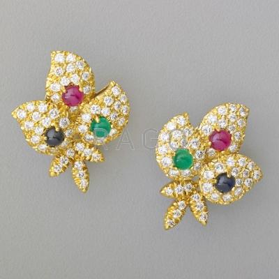 Appraisal: DIAMOND AND MULTI GEM K YELLOW GOLD EARRINGS Leafy clusters