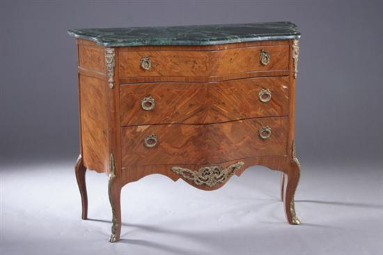 Appraisal: LOUIS XV STYLE MARBLE-TOP MARQUETRY INLAID SERPENTINE COMMODE th century