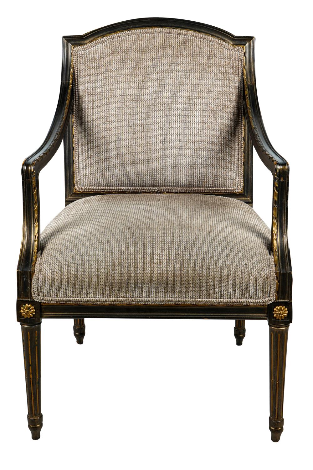 Appraisal: LOUIS XVI STYLE PAINTED PARCEL GILT FAUTEUILmodern Condition good Upholstery