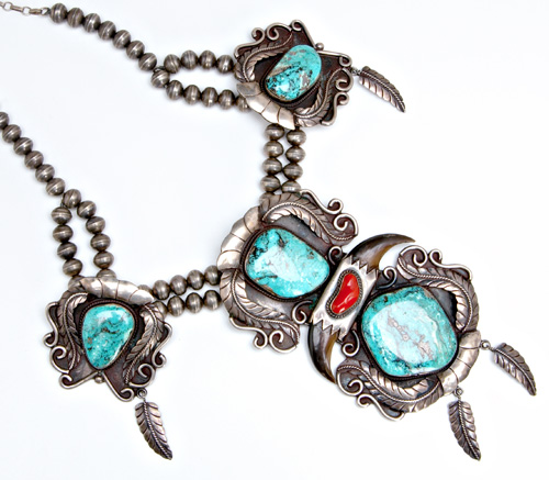 Appraisal: NAVAJO Massive silver necklace with turquoise red coral and bear