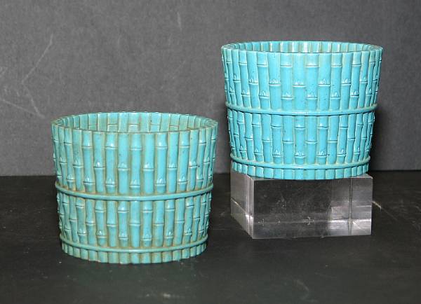 Appraisal: Two turquoise glazed porcelain flower pots Each resembling a tub