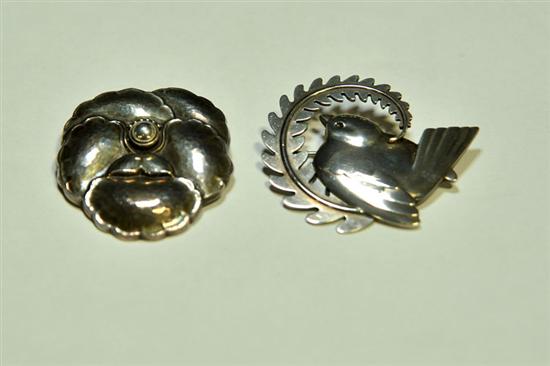 Appraisal: TWO STERLING BROOCHES One of a flower and one of