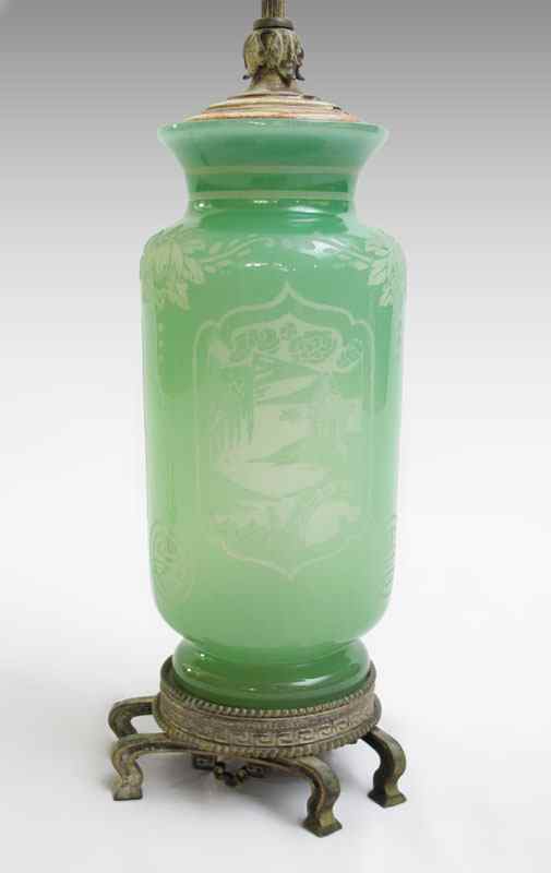 Appraisal: STEUBEN JADE OVER ALABASTER GLASS LAMP Jade glass acid cut