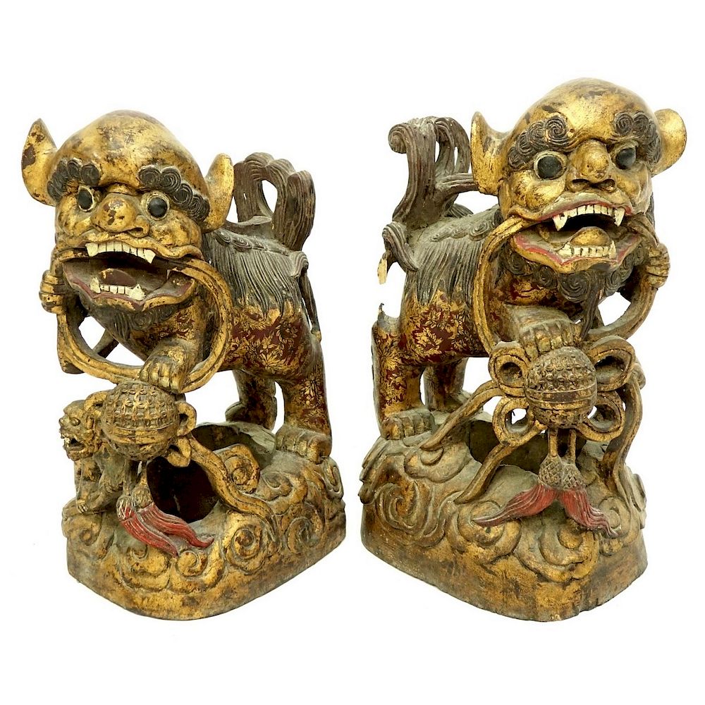 Appraisal: Pair of Large Chinese Gilt Wood Foo Dog Carvings Pair