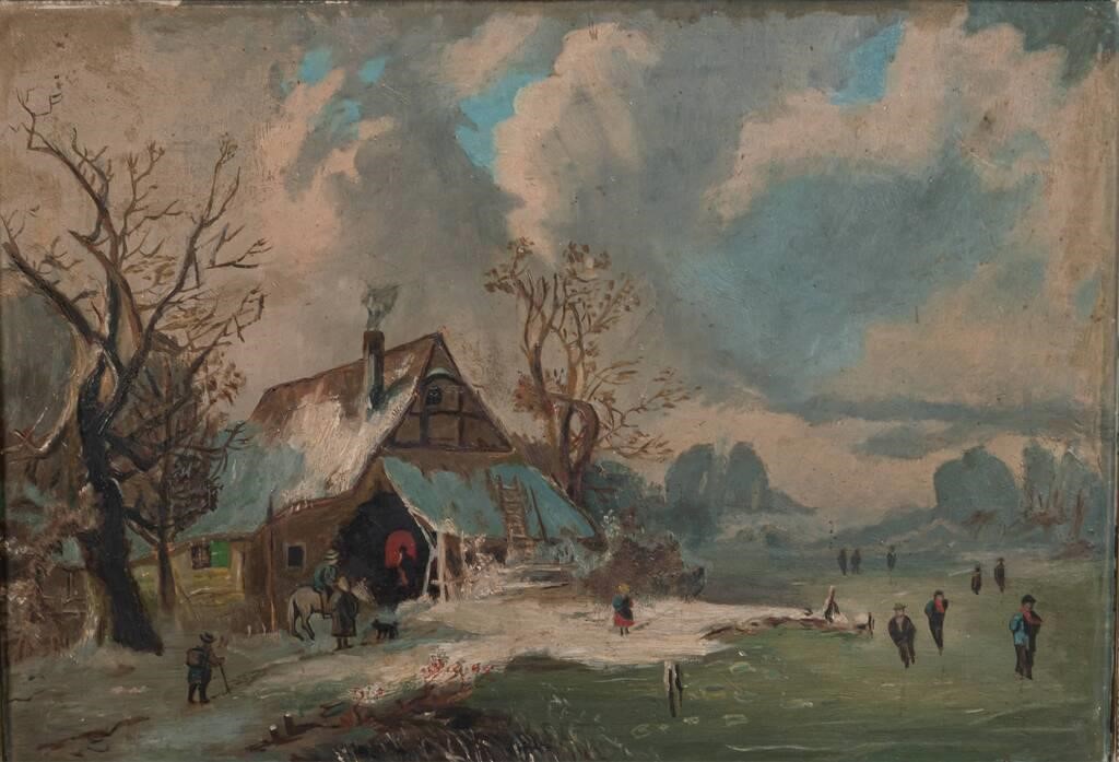 Appraisal: Oil on board winter scene with ice skaters unsigned some