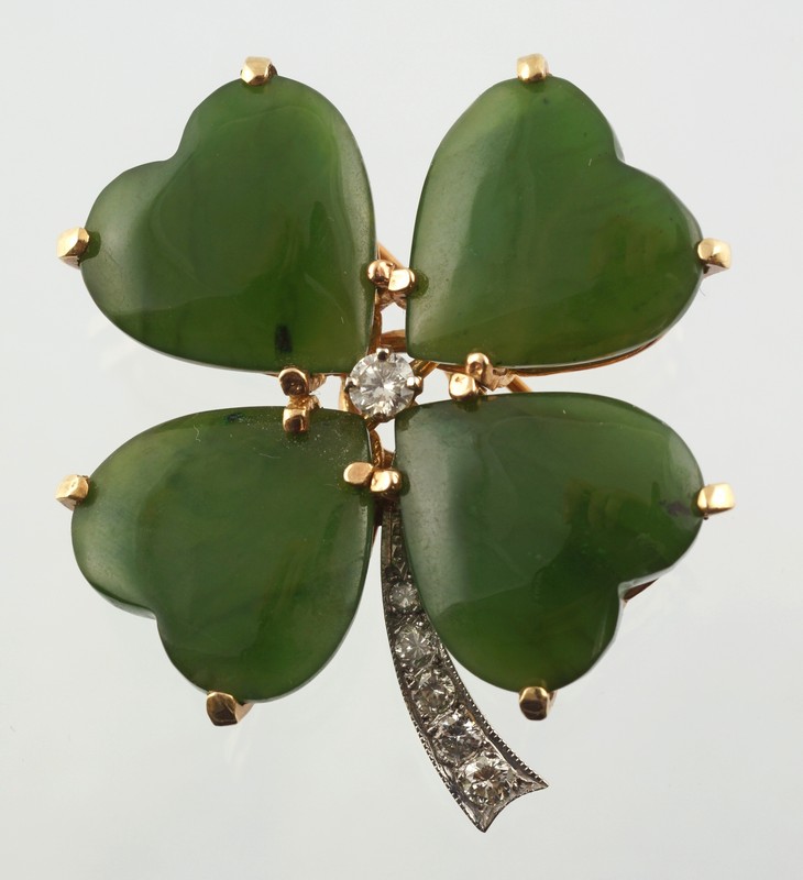 Appraisal: Unmarked Y WG and jade leaf clover pin RBC diamonds