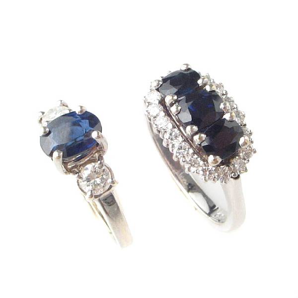 Appraisal: A collection of two sapphire diamond and white gold rings