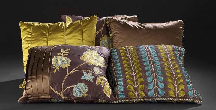 Appraisal: Group of Five Brown Olive and Blue Silk Pillows two