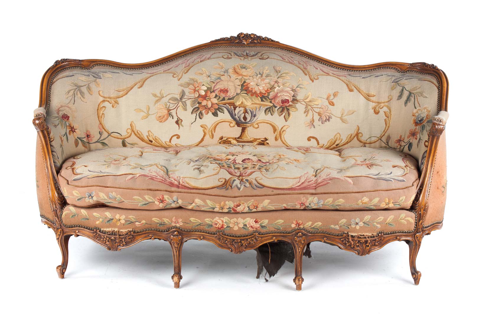 Appraisal: Louis XV style carved maple upholstered sofa th century exposed