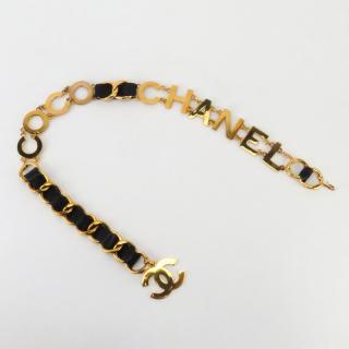 Appraisal: Chanel Black Leather Coco Chanel CC Gold Chain Belt Stamped