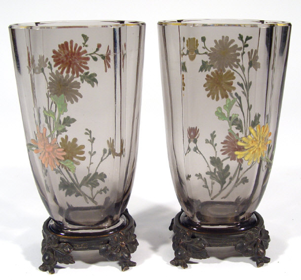 Appraisal: Pair of good quality smoked Continental glass vases enamelled in