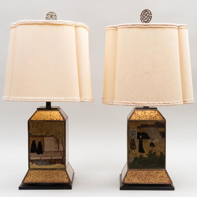 Appraisal: Pair of Chinese Export Style Verre glomis Lamps x x