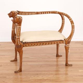 Appraisal: Nice Egyptian revival inlaid fruitwood settee Nice Egyptian revival inlaid