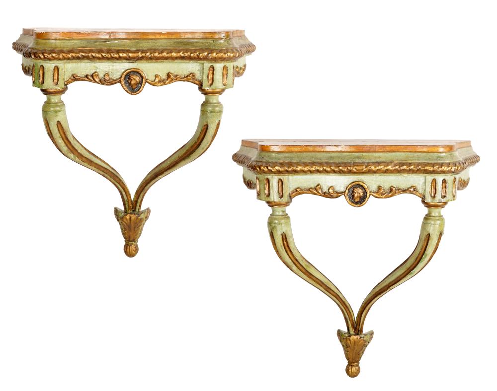 Appraisal: PAIR OF NEOCLASSICAL GREEN GILT PAINTED CONSOLE TABLESeach with painted