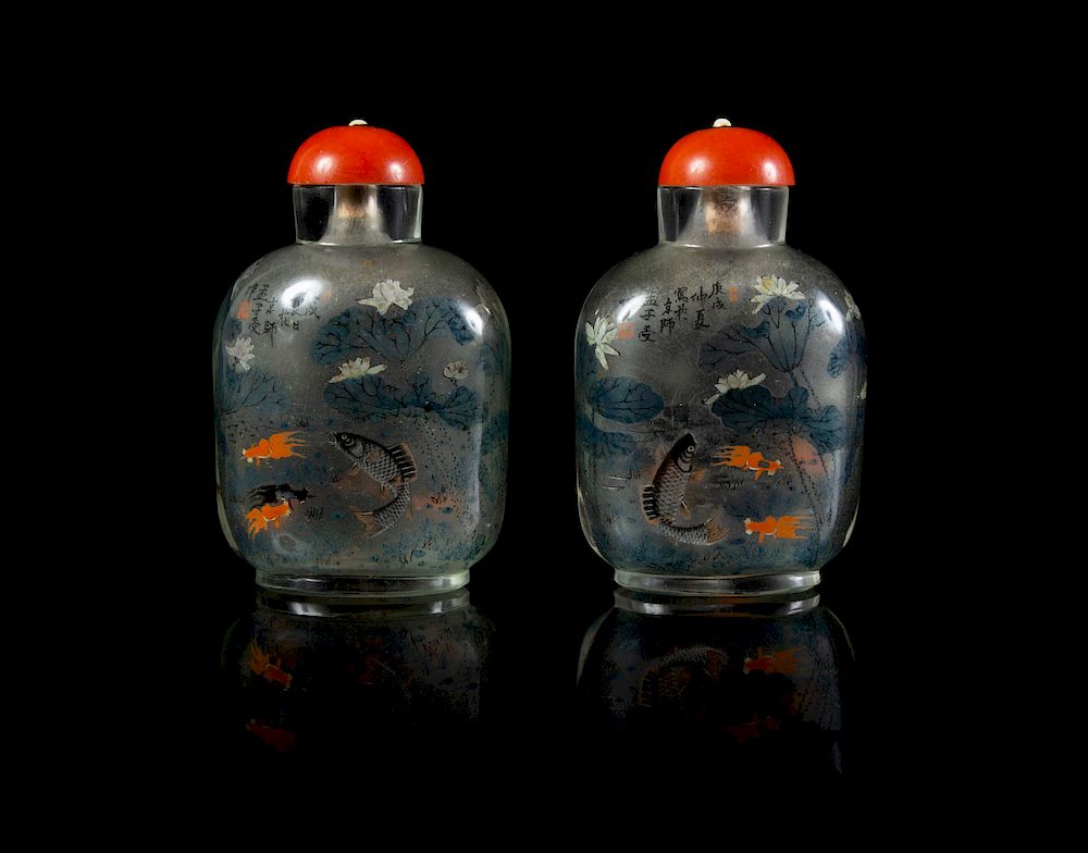 Appraisal: A Pair of Inside Painted Glass Snuff Bottles Each height