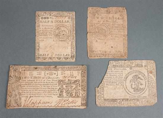 Appraisal: Maryland Colonial dollar note and three pieces of Continental Currency