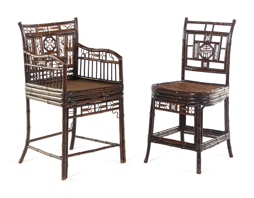 Appraisal: Two Chinese Export Bamboo and Cane Chairs Two Chinese Export