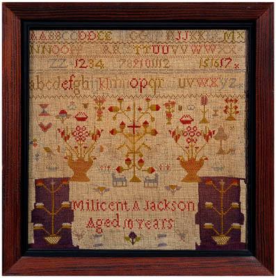 Appraisal: Pictorial alphabet needlework four lines letters and numbers over stylized